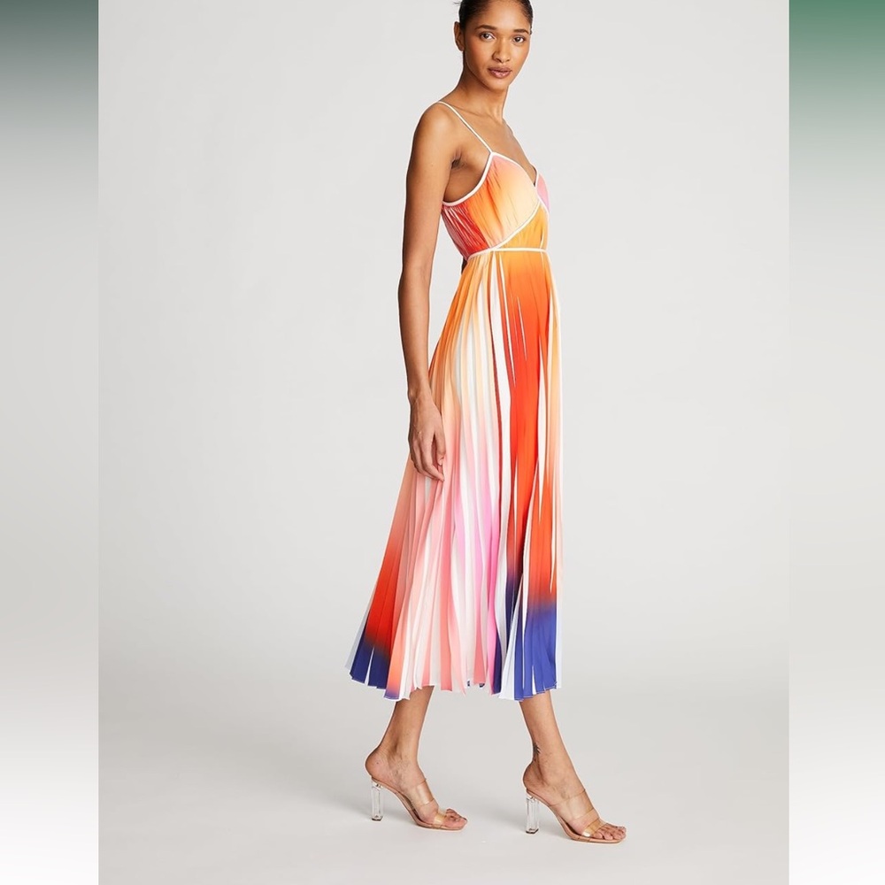 Halston Heritage Mollie Dress Pleated Print - Vibrant Multicolor Midi Dress